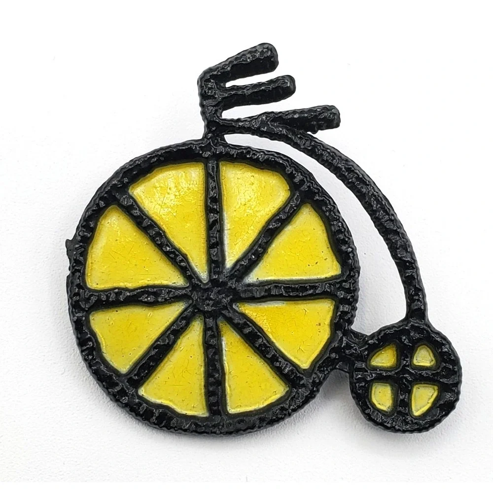 Vintage Black & Yellow Enamel On Metal High Wheel Bicycle Brooch Pin